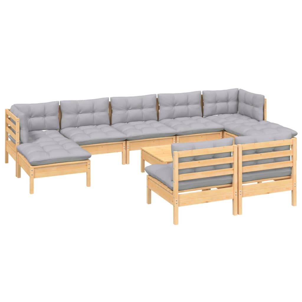 vidaXL 10 pcs conjunto lounge de jardim c/ almofadões cinzentos pinho