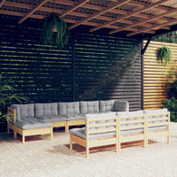 vidaXL 10 pcs conjunto lounge de jardim c/ almofadões cinzentos pinho