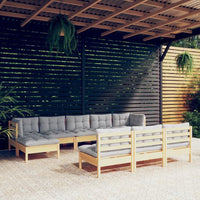 vidaXL 10 pcs conjunto lounge de jardim c/ almofadões cinzentos pinho