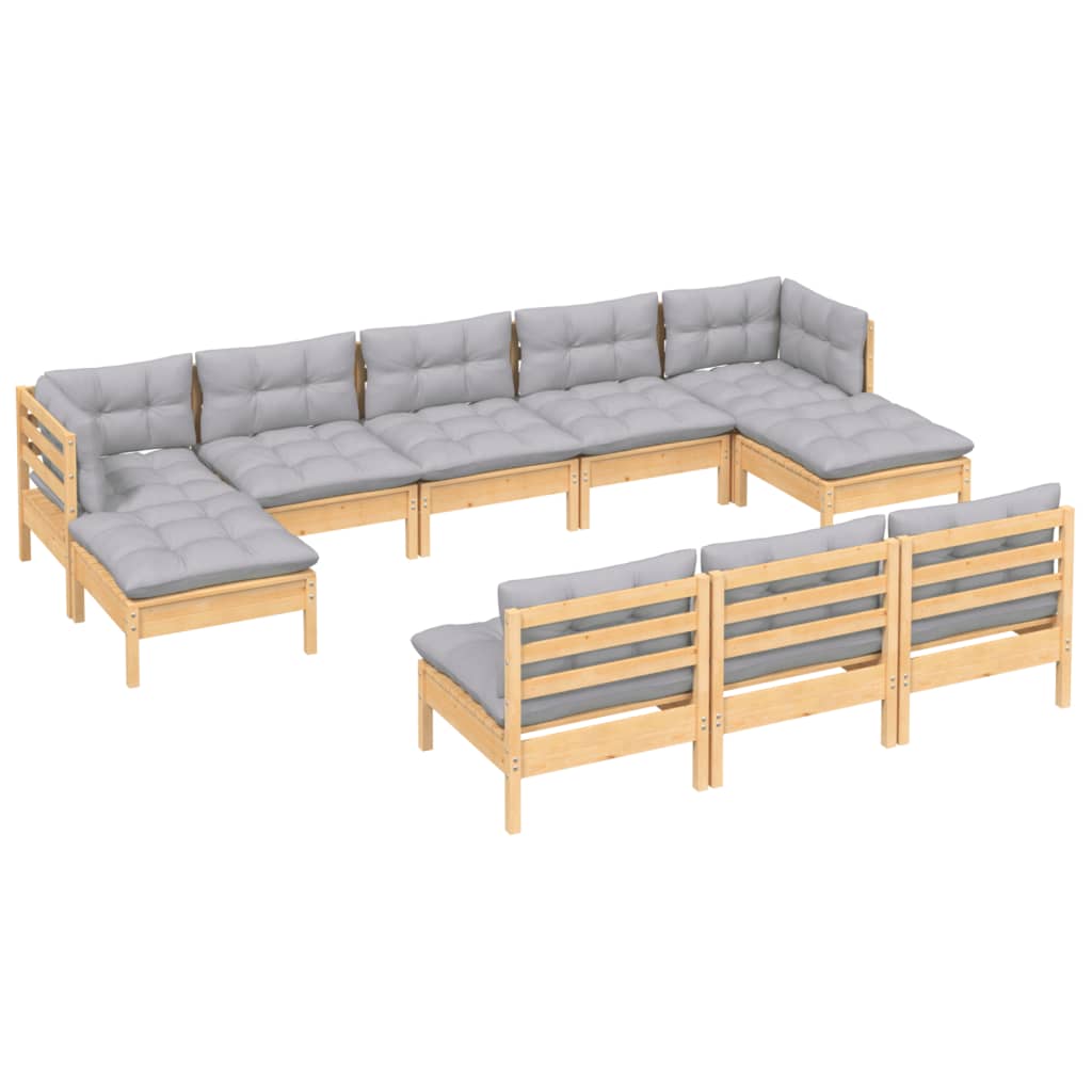vidaXL 10 pcs conjunto lounge de jardim c/ almofadões cinzentos pinho