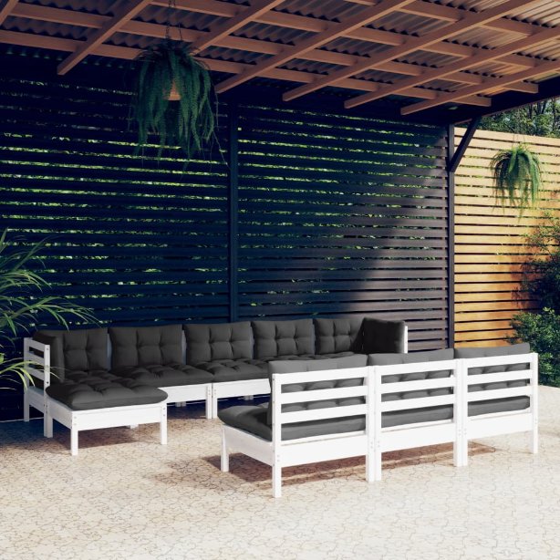 vidaXL 10 pcs conjunto lounge de jardim c/ almofadões cinzentos pinho