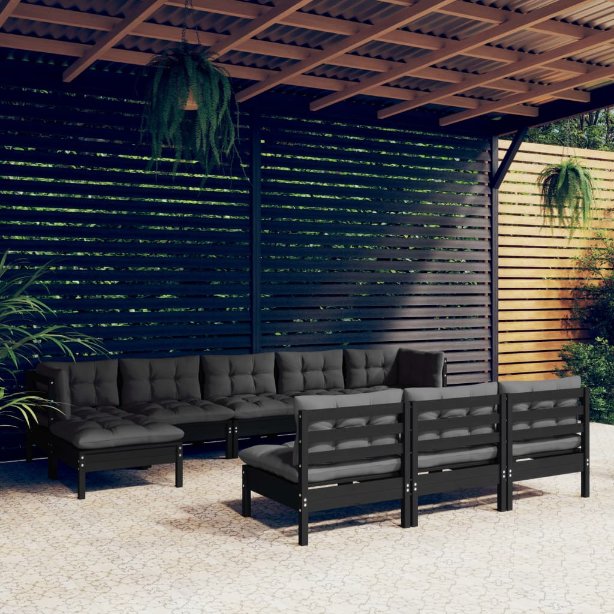 vidaXL 10 pcs conjunto lounge de jardim c/ almofadões cinzentos pinho