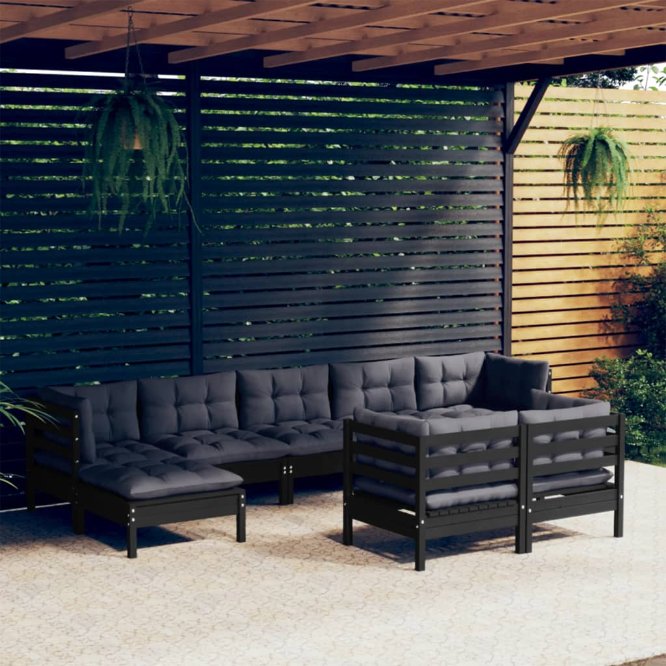 vidaXL 9 pcs conjunto lounge de jardim + almofadões cinza pinho maciço