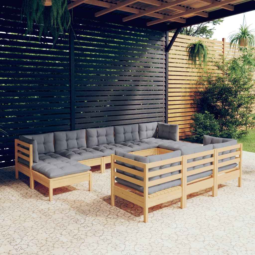 vidaXL 10pcs conjunto lounge de jardim + almofadões cinza pinho maciço