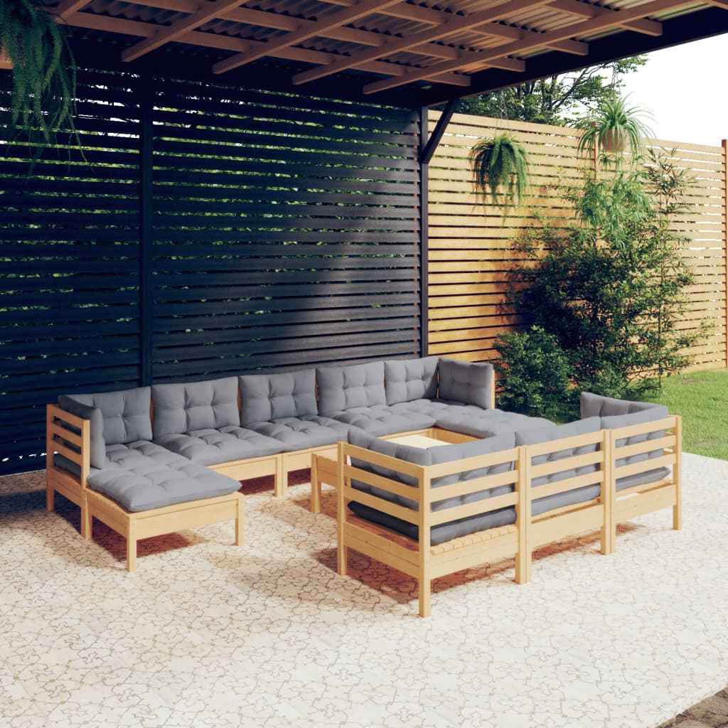 vidaXL 11pcs conjunto lounge de jardim + almofadões cinza pinho maciço