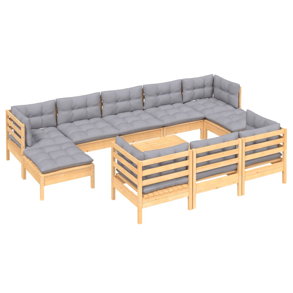 vidaXL 11pcs conjunto lounge de jardim + almofadões cinza pinho maciço
