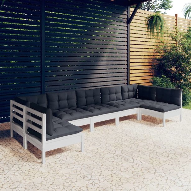vidaXL 7 pcs conjunto lounge de jardim + almofadões cinza pinho maciço