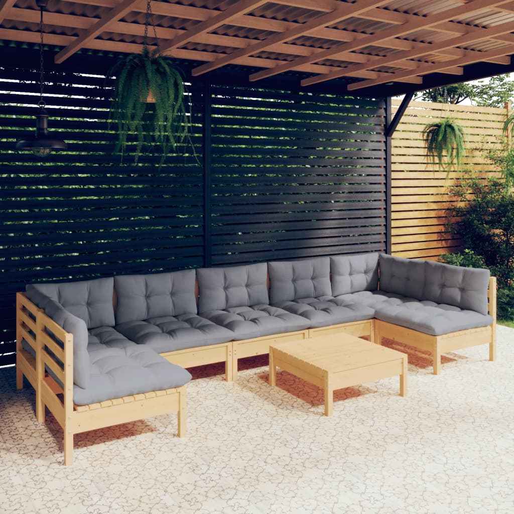 vidaXL 8 pcs conjunto lounge de jardim + almofadões cinza pinho maciço