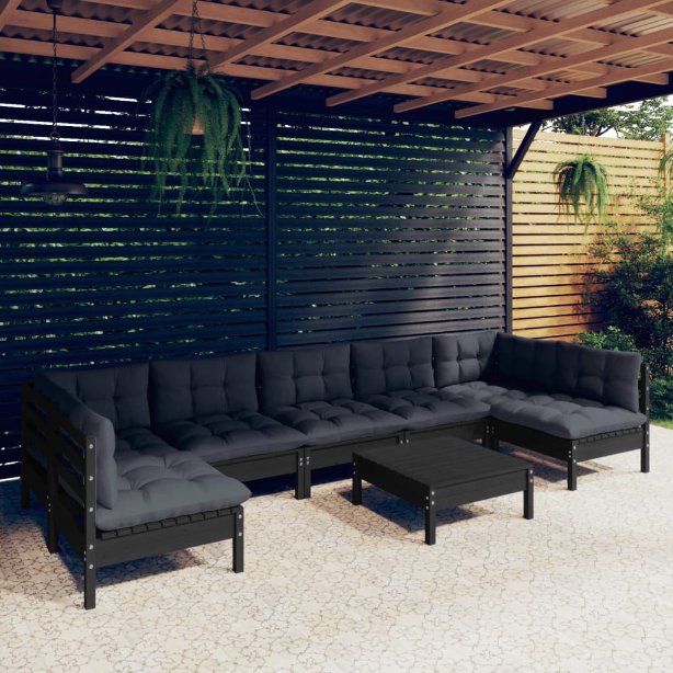 vidaXL 8 pcs conjunto lounge de jardim + almofadões cinza pinho maciço