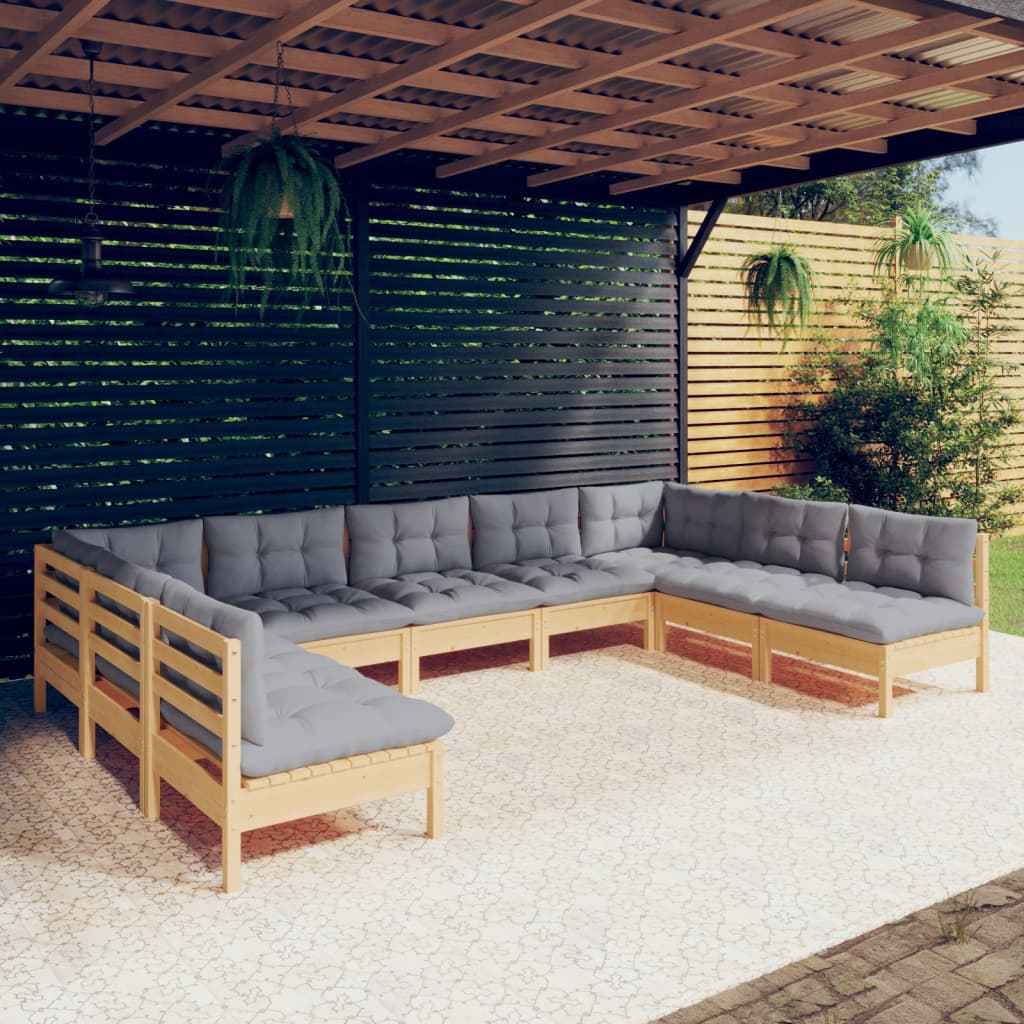 vidaXL 9 pcs conjunto lounge de jardim + almofadões cinza pinho maciço