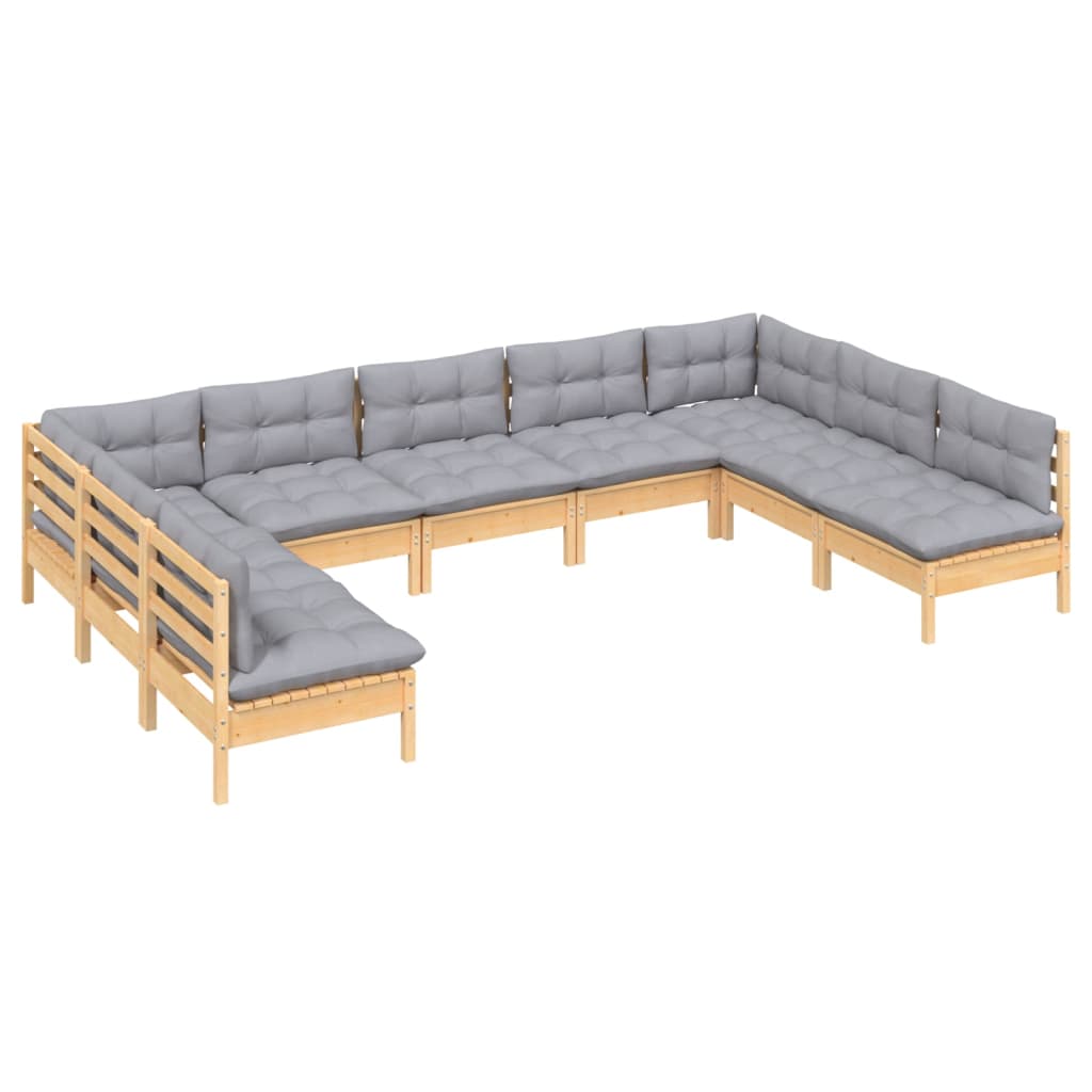vidaXL 9 pcs conjunto lounge de jardim + almofadões cinza pinho maciço