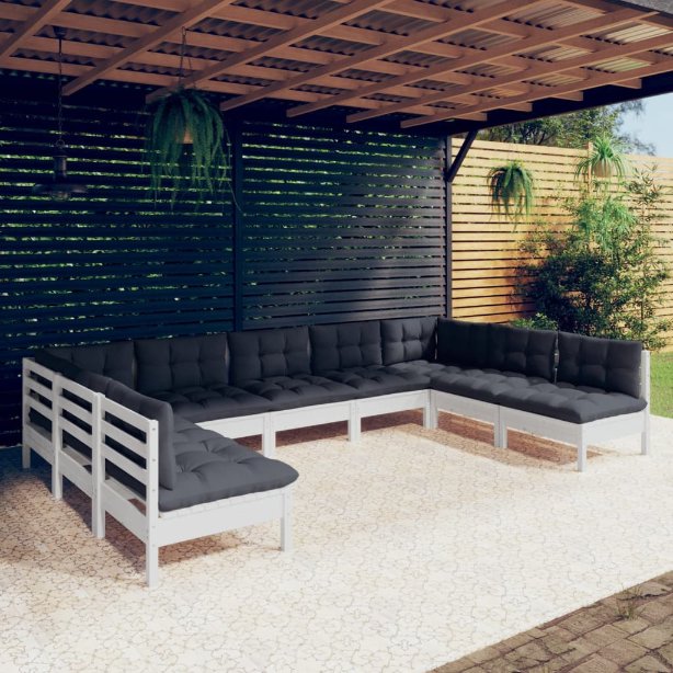 vidaXL 9 pcs conjunto lounge de jardim + almofadões cinza pinho maciço