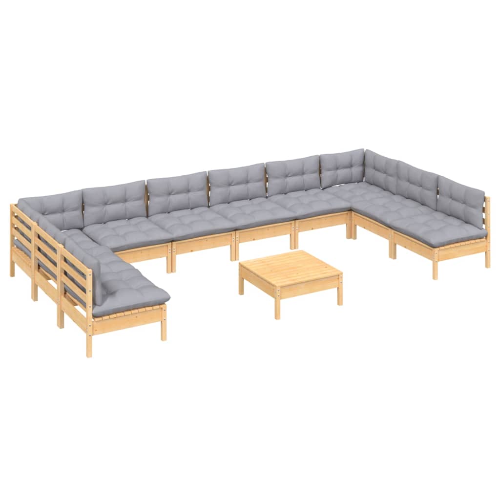 vidaXL 11pcs conjunto lounge de jardim + almofadões cinza pinho maciço
