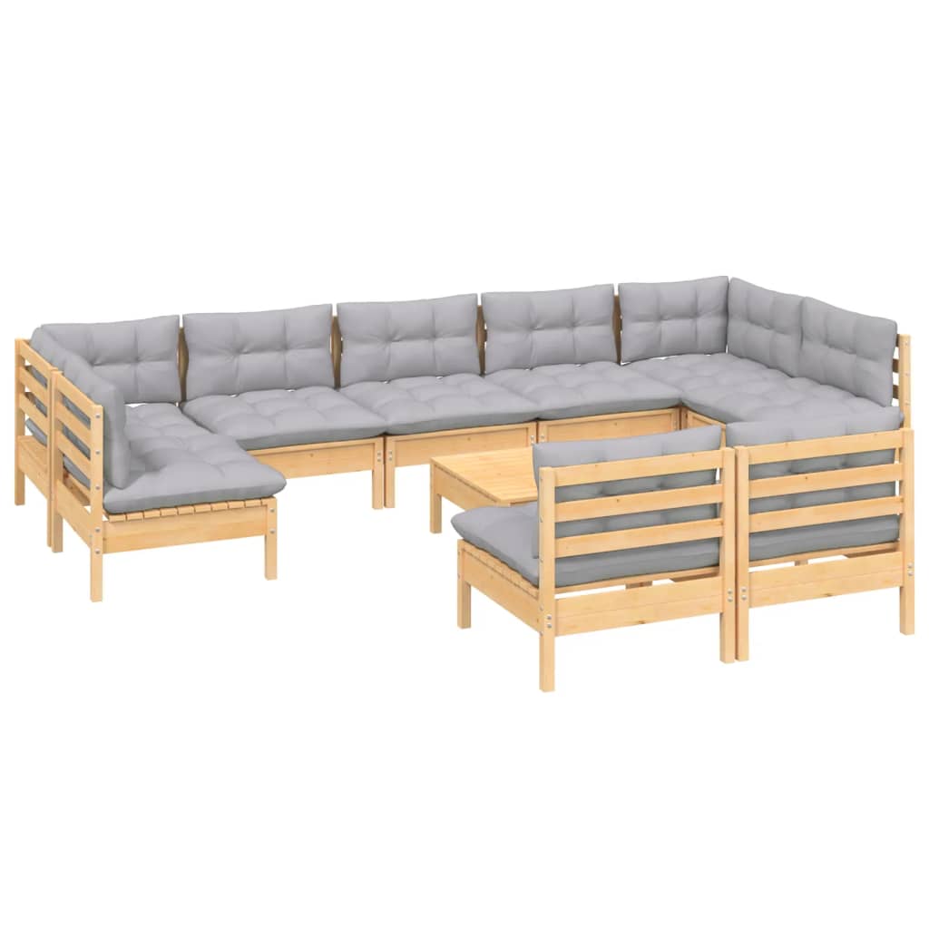 vidaXL 10pcs conjunto lounge de jardim + almofadões cinza pinho maciço