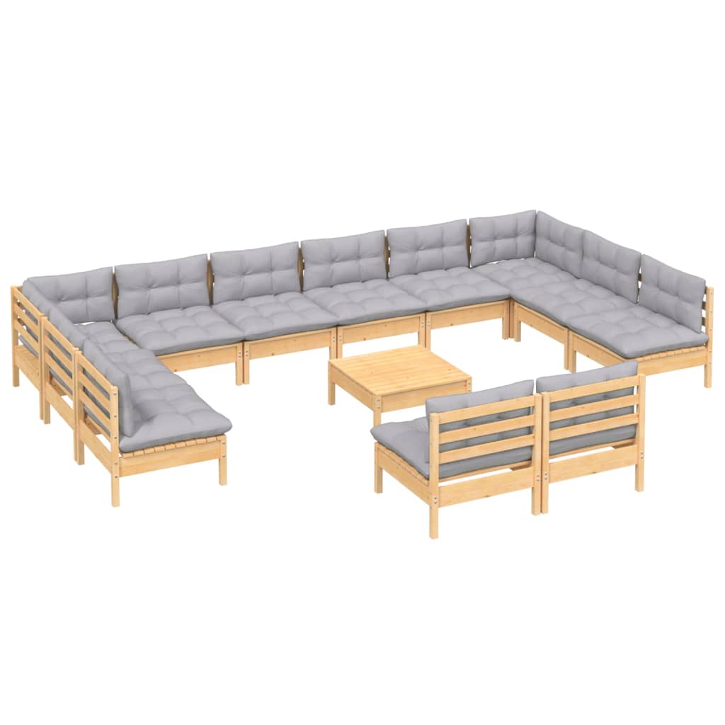 vidaXL 13pcs conjunto lounge de jardim + almofadões cinza pinho maciço