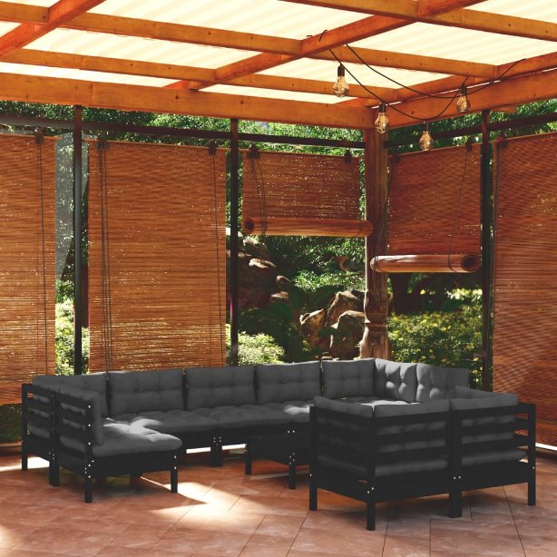 vidaXL 10pcs conjunto lounge de jardim + almofadões cinza pinho maciço