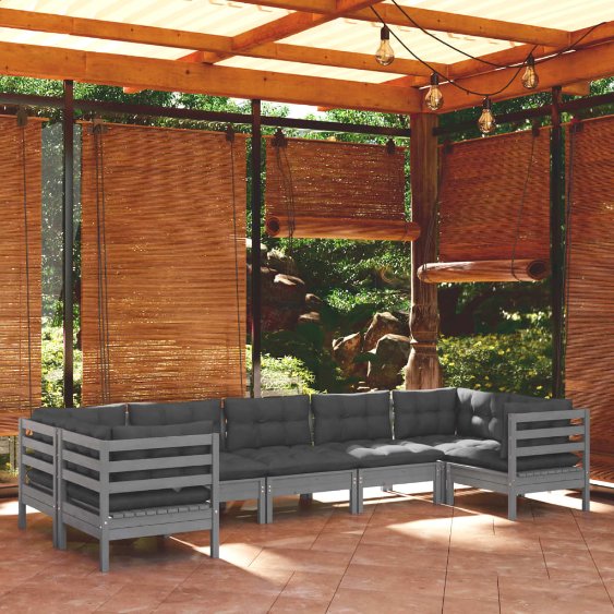vidaXL 7 pcs conjunto lounge de jardim c/ almofadões cinzentos pinho
