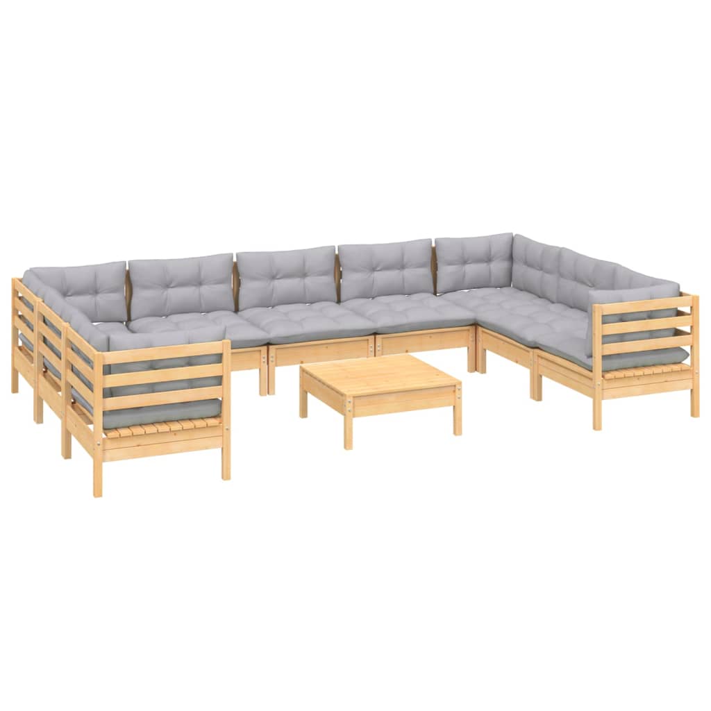 vidaXL 10 pcs conjunto lounge de jardim c/ almofadões cinza pinho