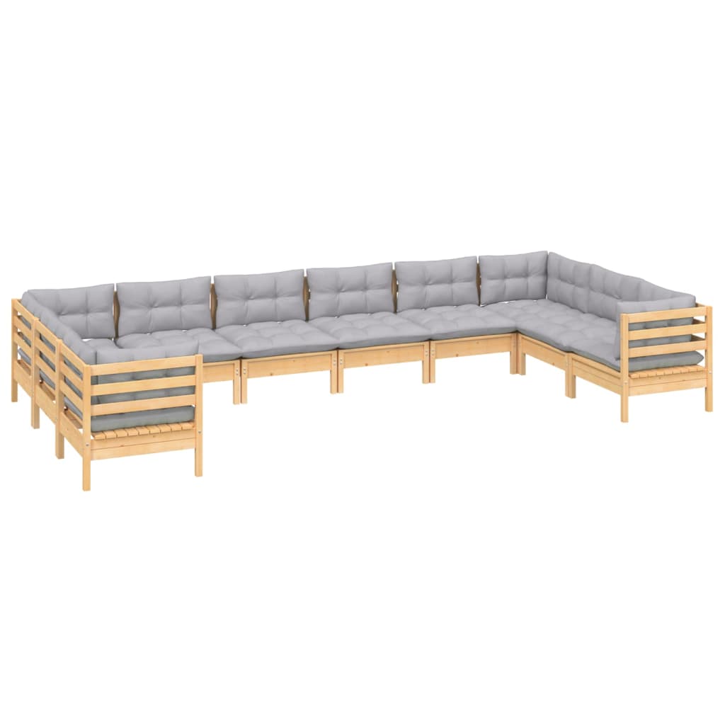 vidaXL 10 pcs conjunto lounge de jardim c/ almofadões cinzentos pinho