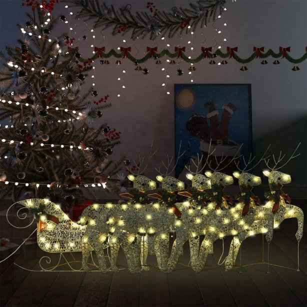 vidaXL Decoração de Natal renas/trenó de exterior 60 luzes LED dourado
