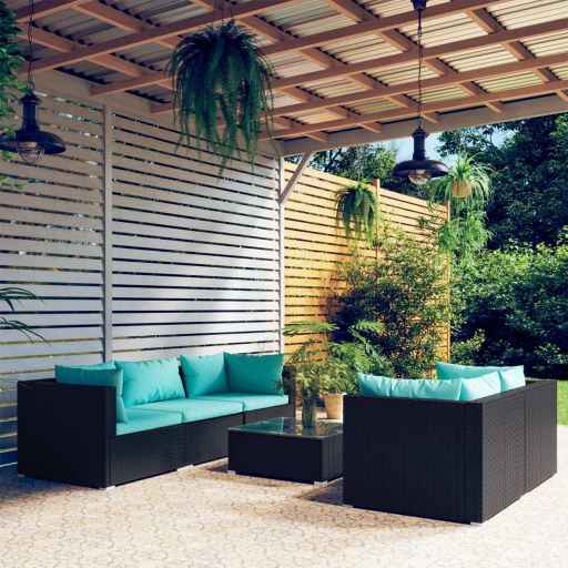 vidaXL 5 pcs conjunto lounge de jardim c/ almofadões vime PE preto