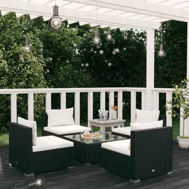 vidaXL 5 pcs conjunto lounge de jardim c/ almofadões vime PE preto