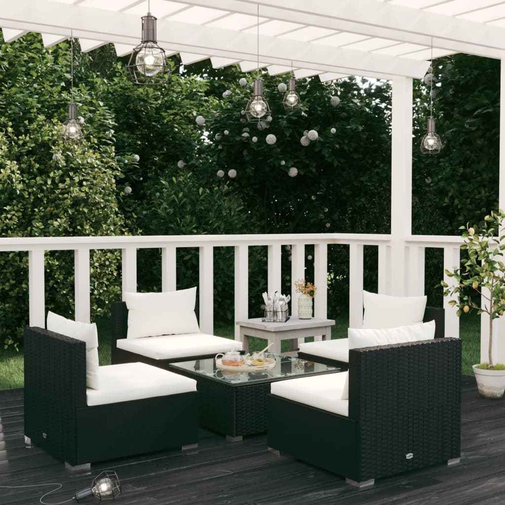 vidaXL 5 pcs conjunto lounge de jardim c/ almofadões vime PE preto
