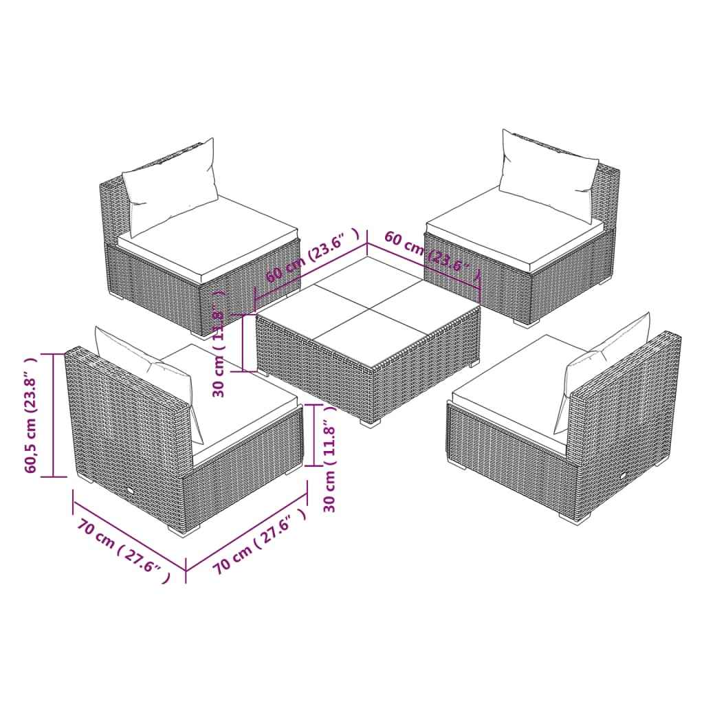 vidaXL 5 pcs conjunto lounge de jardim c/ almofadões vime PE preto