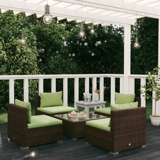 vidaXL 5 pcs conjunto lounge jardim c/ almofadões vime PE castanho
