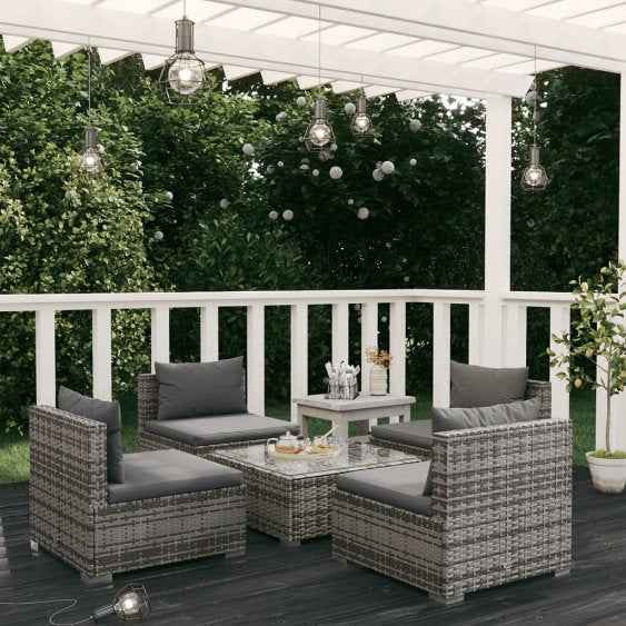 vidaXL 5 pcs conjunto lounge de jardim c/ almofadões vime PE preto