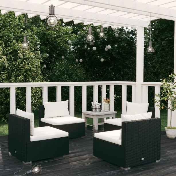 vidaXL 5 pcs conjunto lounge de jardim c/ almofadões vime PE preto