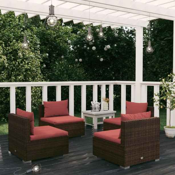 vidaXL 5 pcs conjunto lounge de jardim c/ almofadões vime PE preto