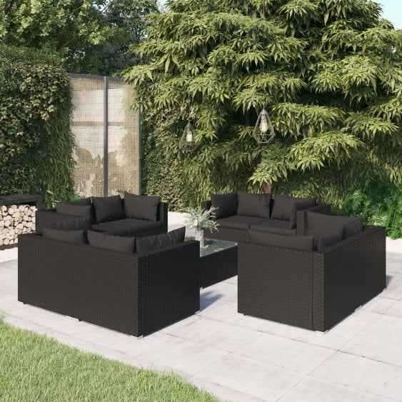 vidaXL 5 pcs conjunto lounge de jardim c/ almofadões vime PE preto