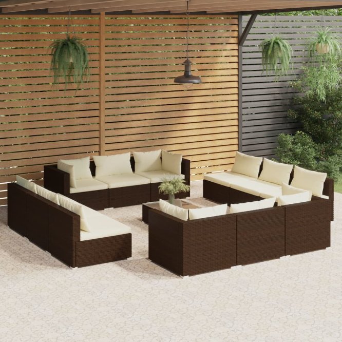 vidaXL 5 pcs conjunto lounge jardim c/ almofadões vime PE castanho