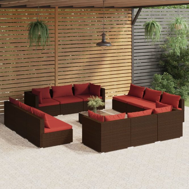 vidaXL 5 pcs conjunto lounge jardim c/ almofadões vime PE castanho