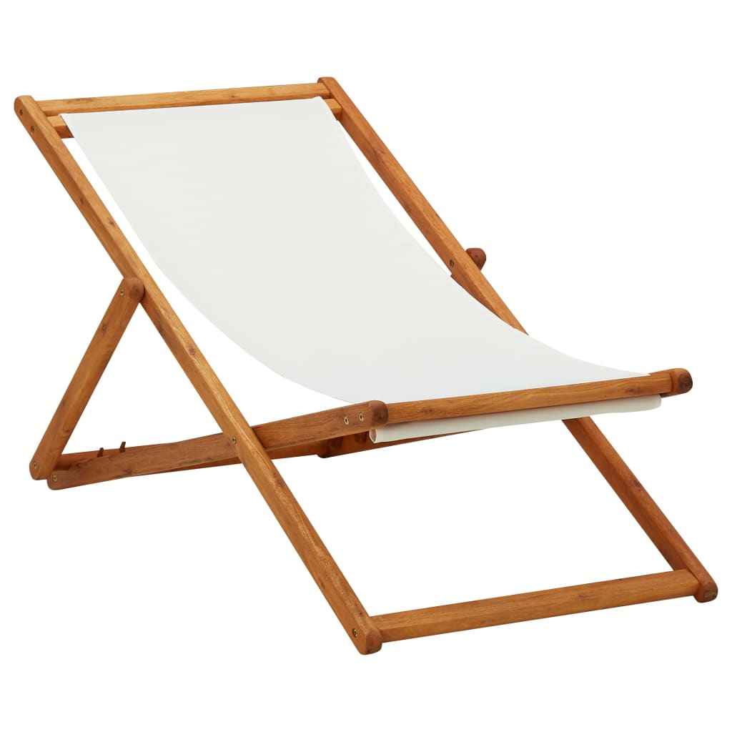 vidaXL Cadeira praia dobrável madeira de eucalipto/tecido branco nata