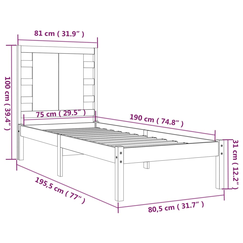 vidaXL Estrutura de cama solteiro 90x190 cm madeira maciça