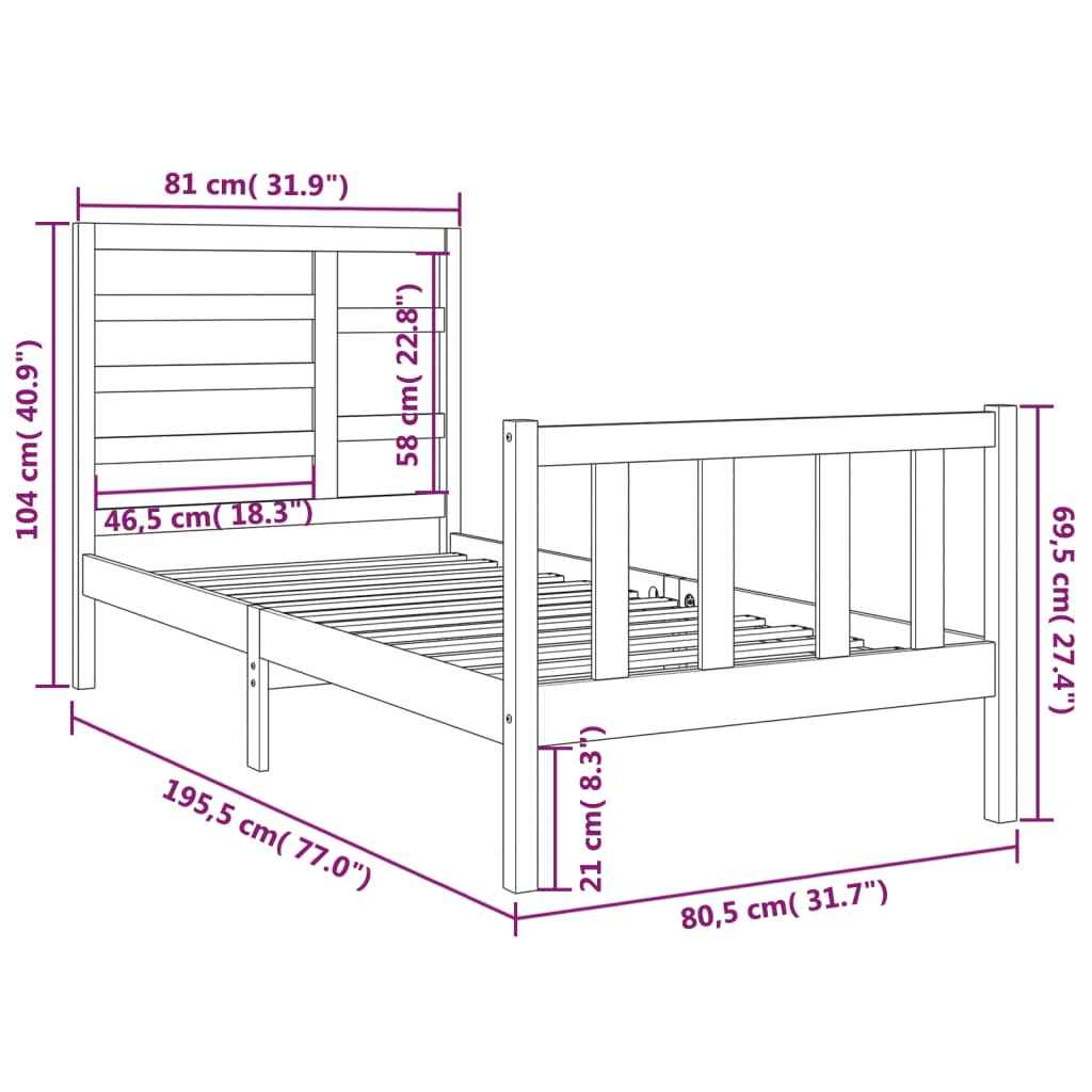 vidaXL Estrutura cama pequena solteiro 75x190 cm madeira maciça preto