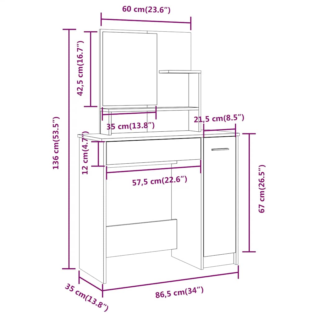 vidaXL Conjunto toucador 86,5x35x136 cm branco