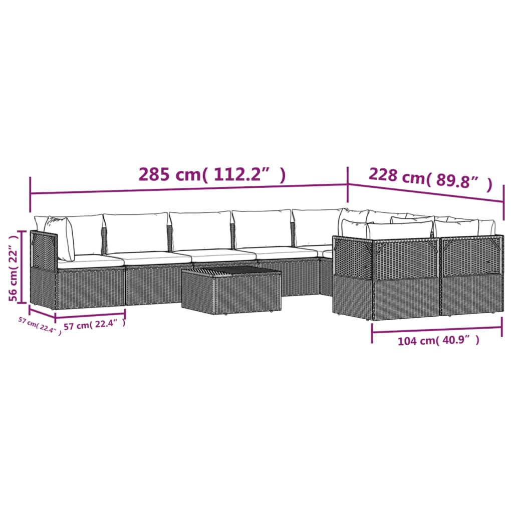 vidaXL 10 pcs conjunto lounge de jardim c/ almofadões vime PE cinzento
