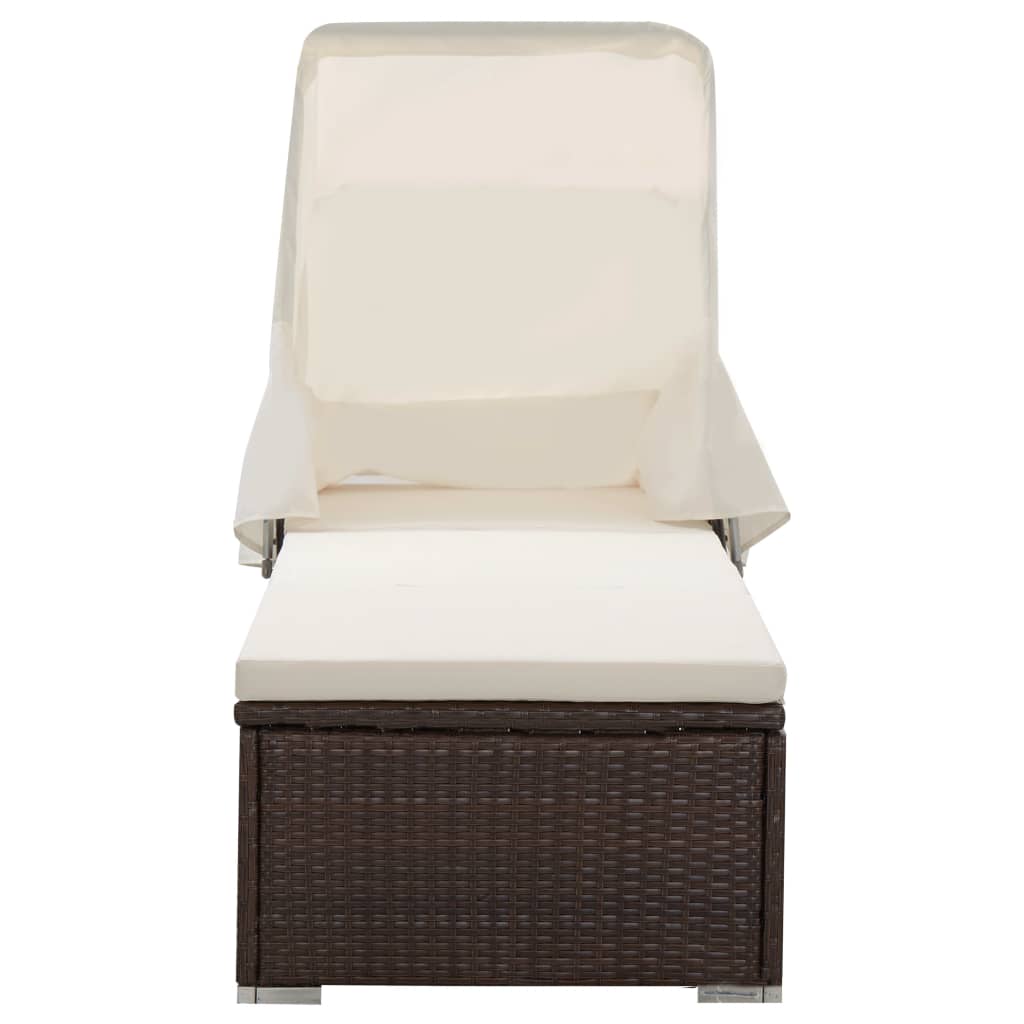 vidaXL Espreguiçadeira com toldo e almofadão vime PE castanho