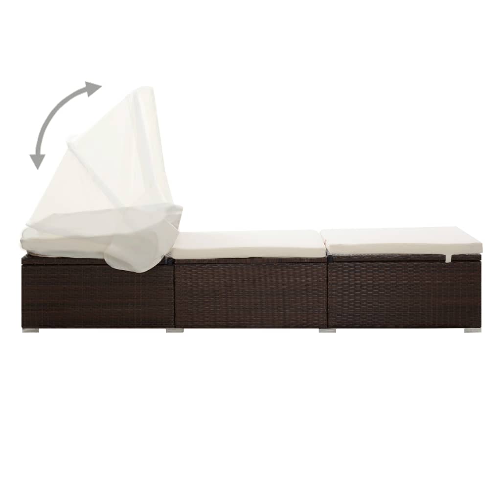 vidaXL Espreguiçadeira com toldo e almofadão vime PE castanho