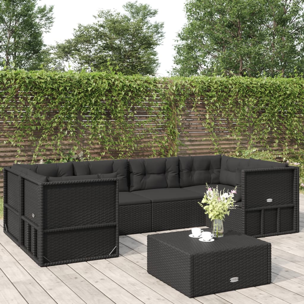 vidaXL 6 pcs conjunto lounge de jardim c/ almofadões vime PE preto
