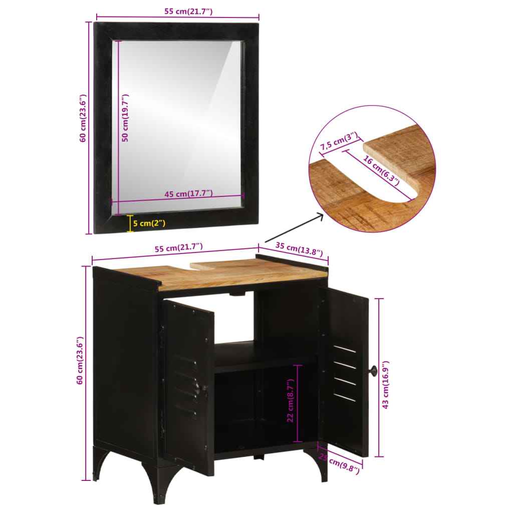vidaXL 2 pcs conj. móveis p/ casa de banho ferro e mangueira maciça