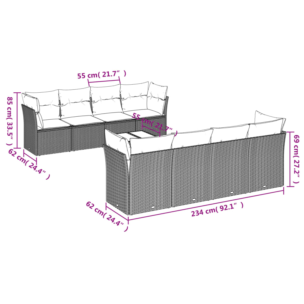 vidaXL 9 pcs conjunto de sofás p/ jardim c/ almofadões vime PE preto