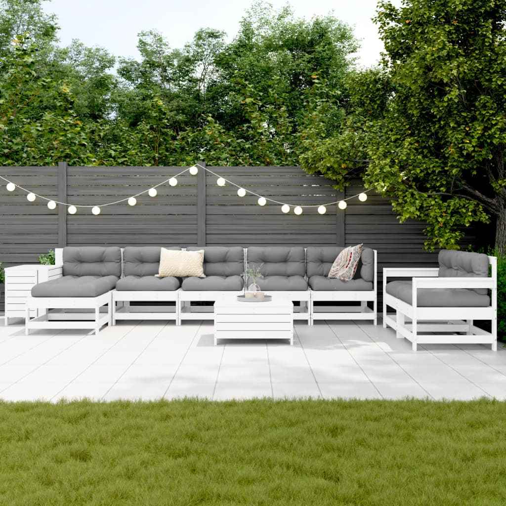 vidaXL 10 pcs conjunto sofás de jardim madeira de pinho maciço branco