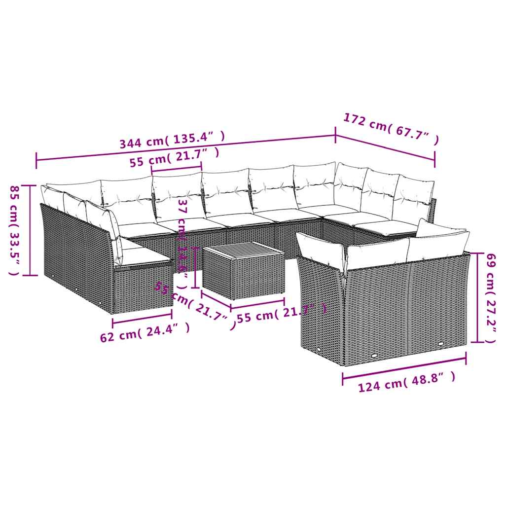 vidaXL 13 pcs conjunto sofás p/ jardim c/ almofadões vime PE cinzento