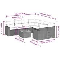 vidaXL 9 pcs conjunto sofás p/ jardim c/ almofadões vime PE cinzento