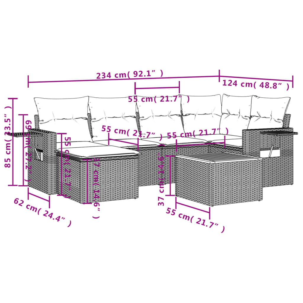vidaXL 7 pcs conjunto sofás p/ jardim c/ almofadões vime PE cinzento