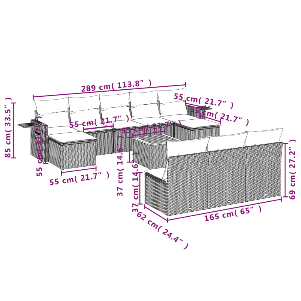 vidaXL 11 pcs conjunto sofás de jardim c/ almofadões vime PE cinzento